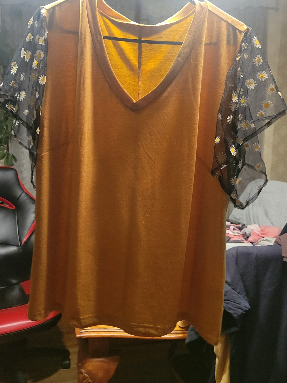 SHEIN Mustard V-Neck Top with Black Daisy Sheer Sleeves
